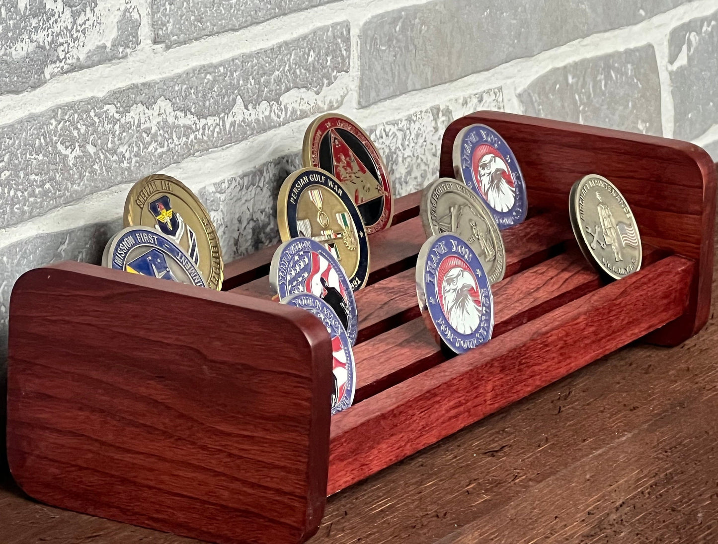 Challenge Coin Holder, made from solid cherry wood can hold up to 24 challenge coins.