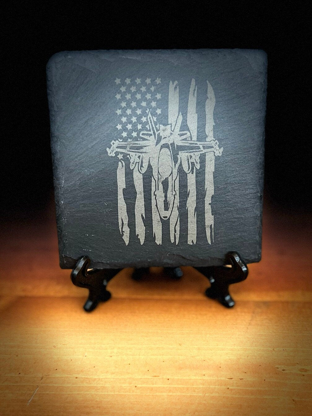Laser Engraved Slate Coaster with the United States Flag with F-18 design