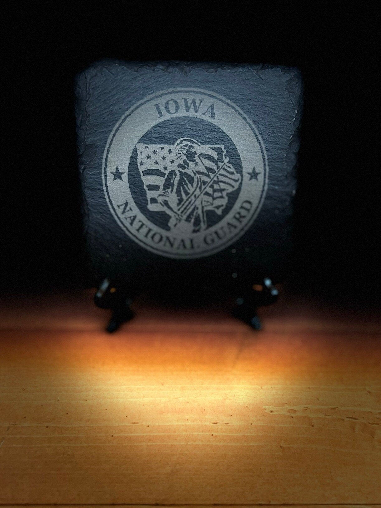 Laser Engraved Slate Coaster with the Iowa National Guard Logo