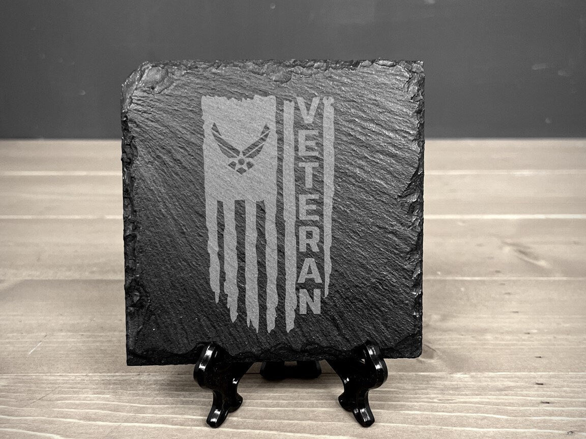Laser Engraved Slate Coaster with a Distressed American flag with Air Force logo