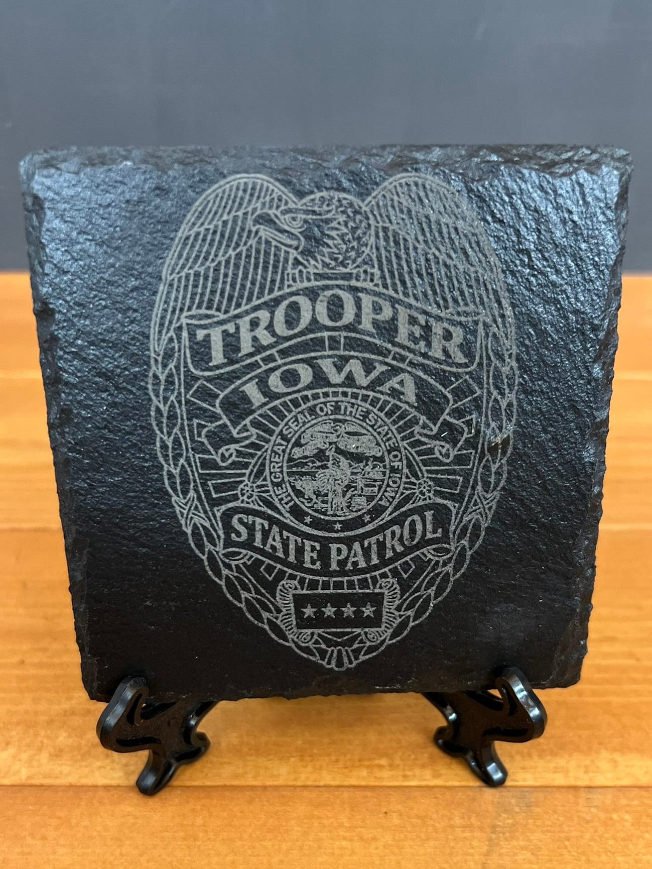 Laser Engraved Slate Coaster with the Iowa Highway State Patrol Badge
