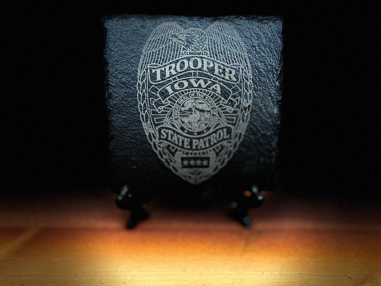 Laser Engraved Slate Coaster with the Iowa Highway State Patrol Badge