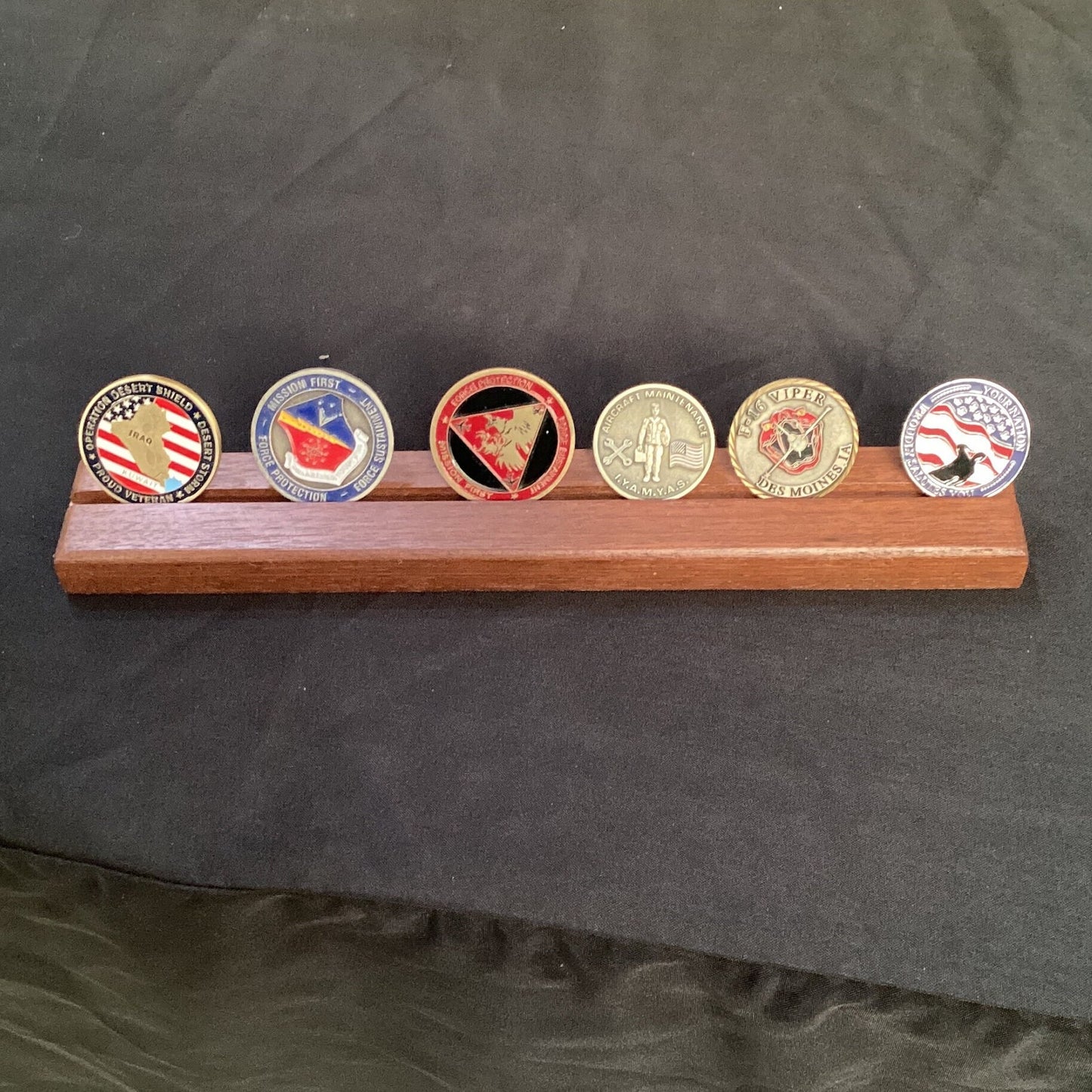 Desktop Challenge Coin Holder, single row, up to 7 challenge coins.