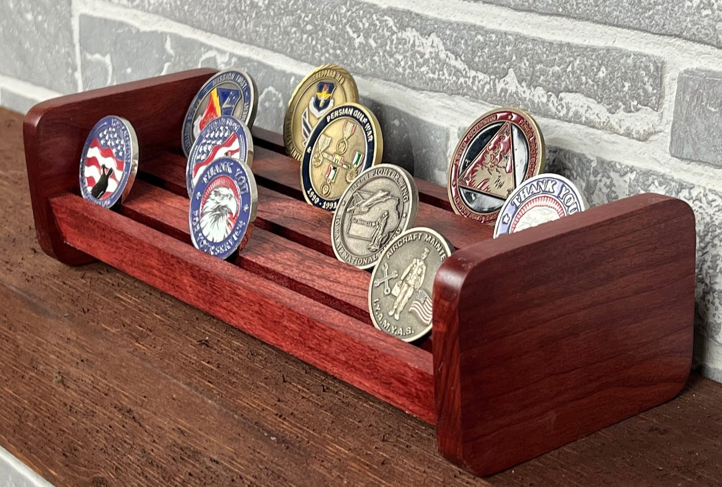 Challenge Coin Holder, made from solid cherry wood can hold up to 24 challenge coins.