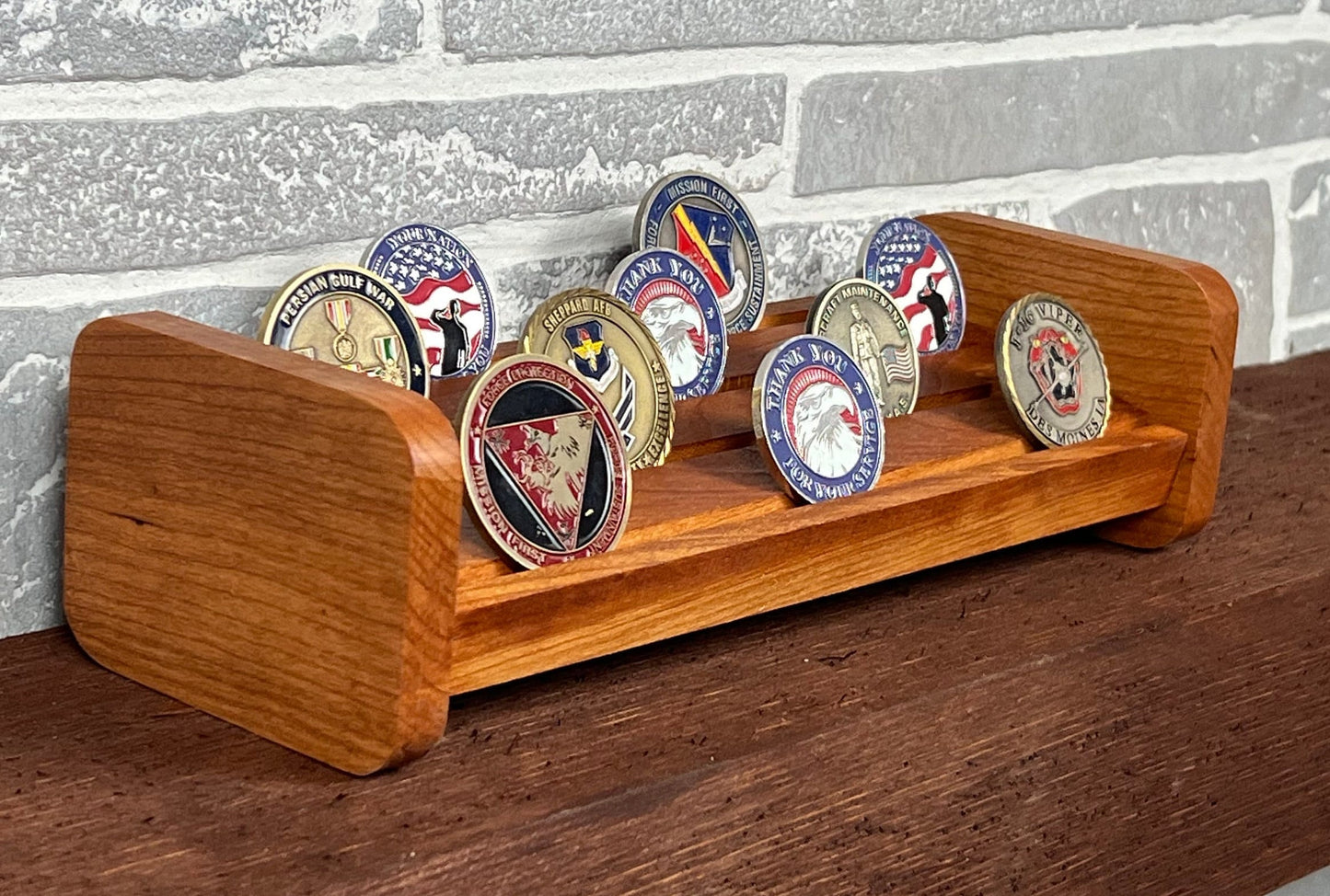 Challenge Coin Holder, made from solid cherry wood can hold up to 24 challenge coins.