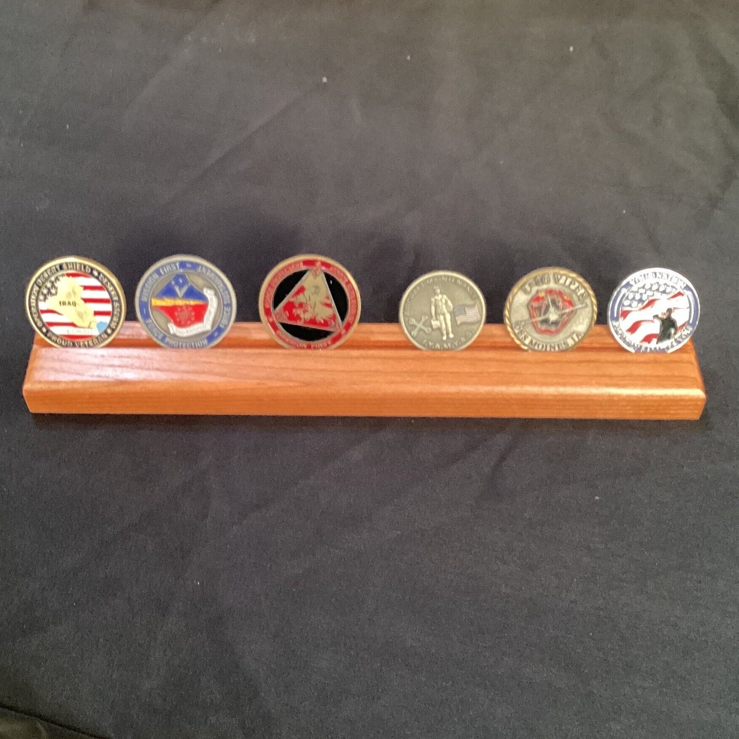 Desktop Challenge Coin Holder, single row, up to 7 challenge coins.