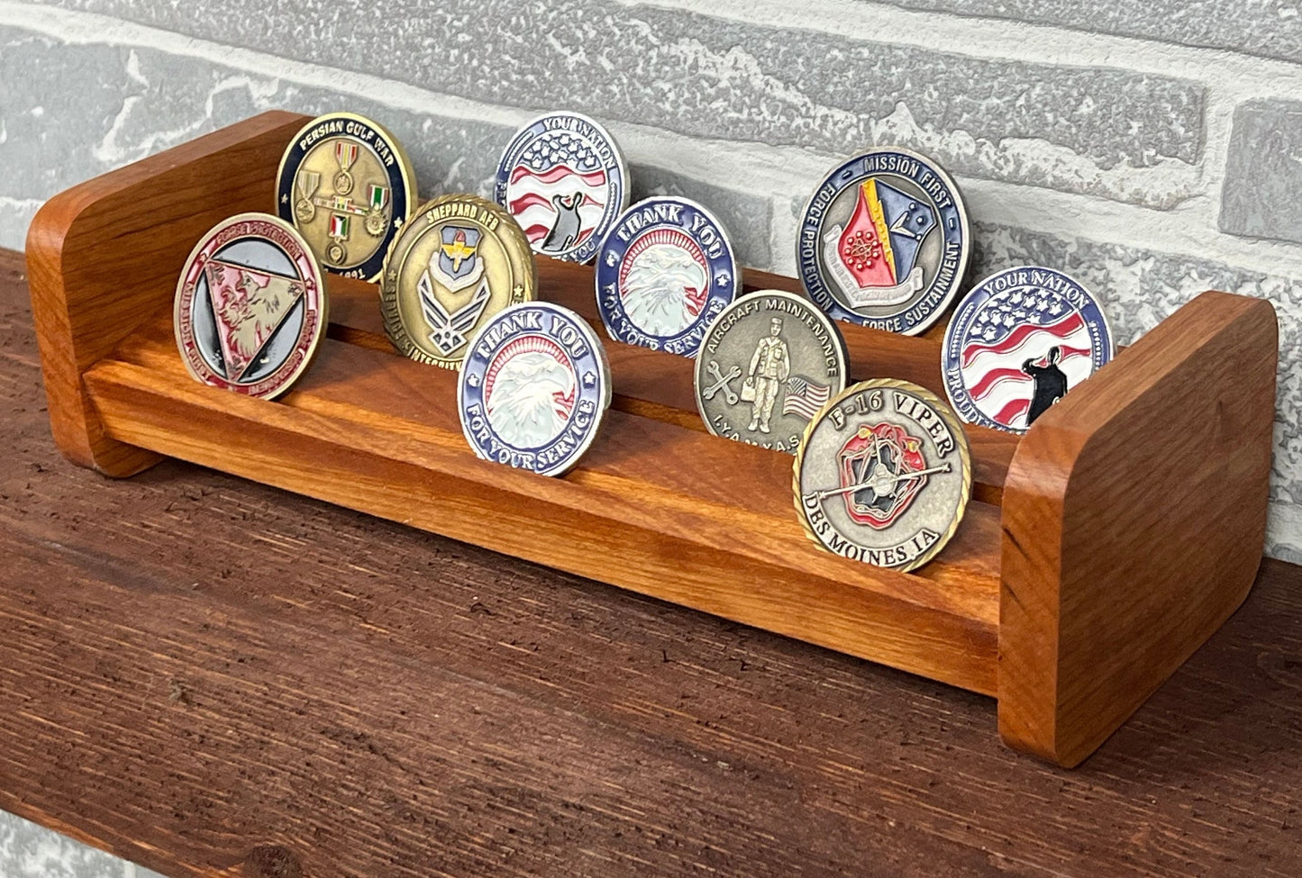 Challenge Coin Holder, made from solid cherry wood can hold up to 24 challenge coins.