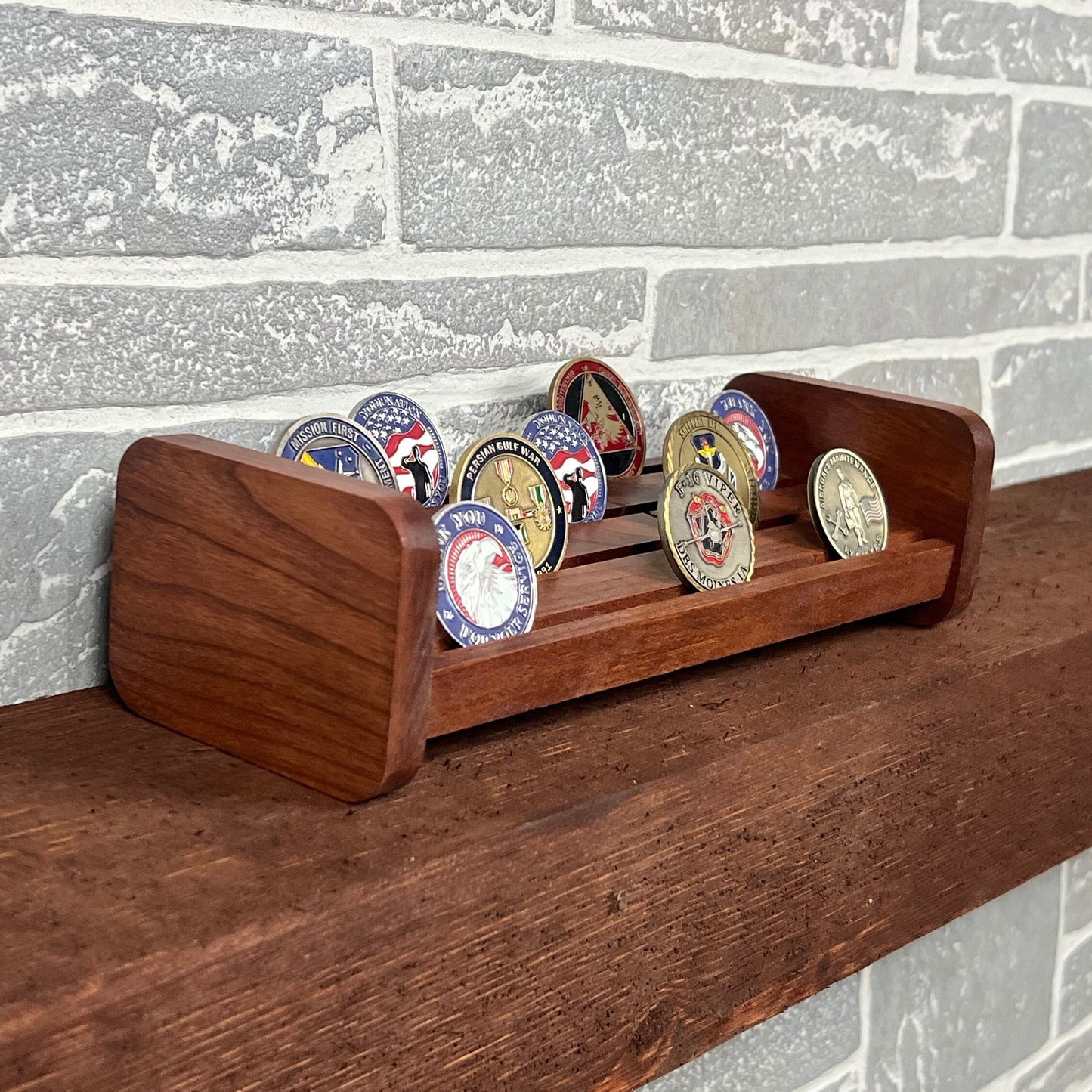 Challenge Coin Holder, made from solid cherry wood can hold up to 24 challenge coins.