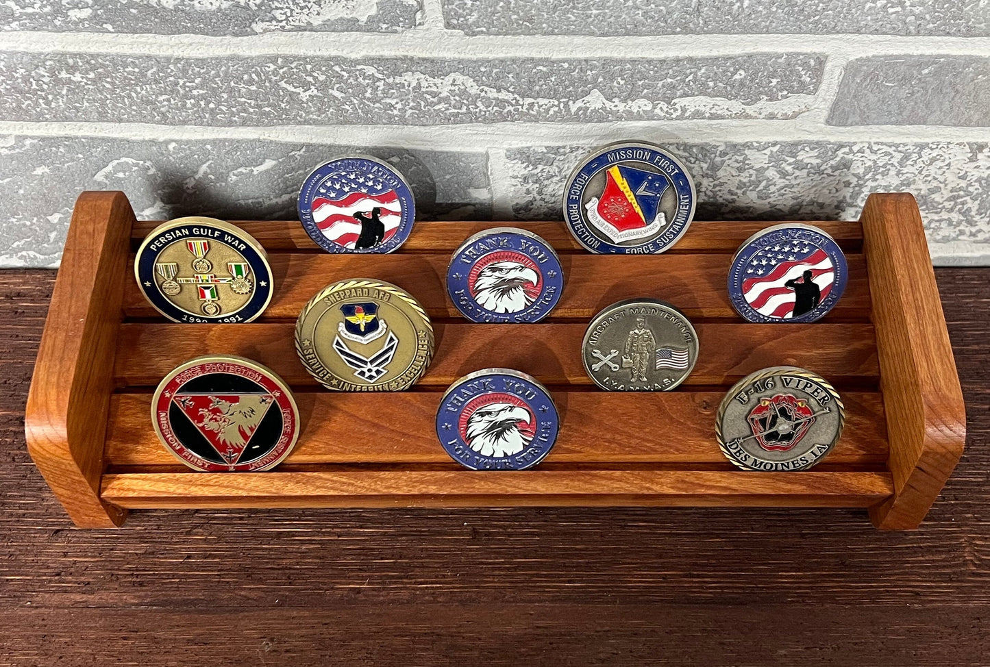 Challenge Coin Holder, made from solid cherry wood can hold up to 24 challenge coins.