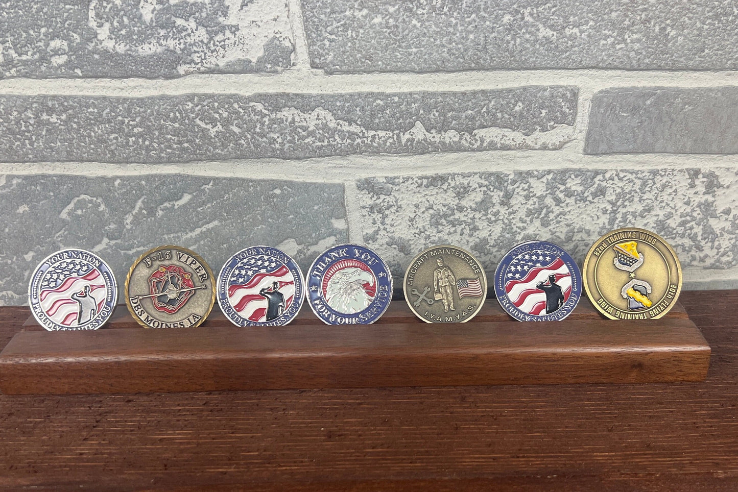 Desktop Challenge Coin Holder, single row, up to 7 challenge coins.