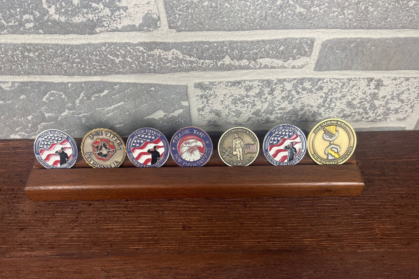 Desktop Challenge Coin Holder, single row, up to 7 challenge coins.