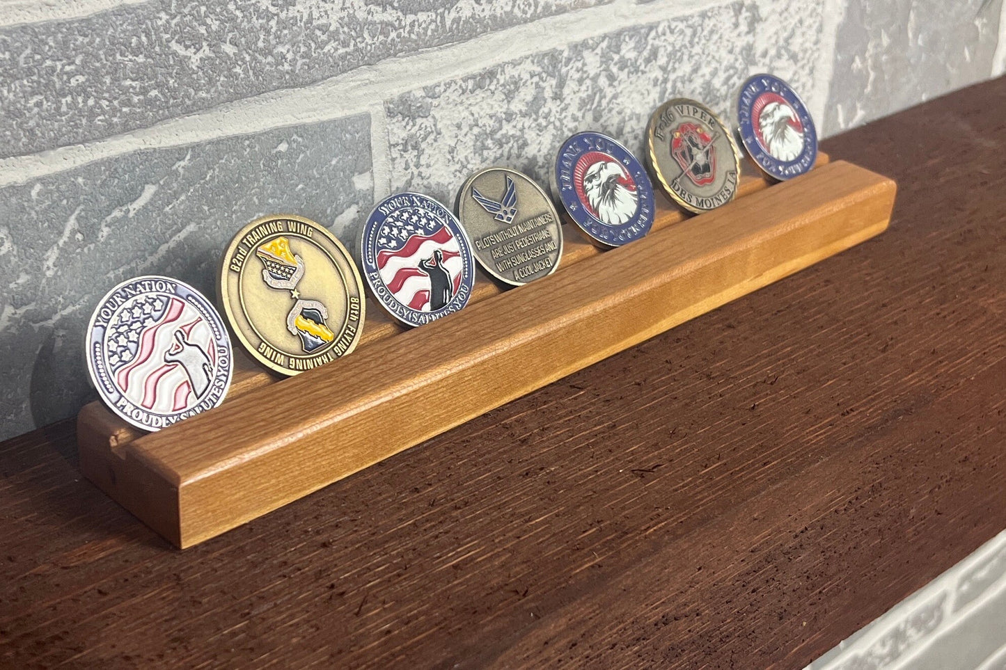 Desktop Challenge Coin Holder, single row, up to 7 challenge coins.