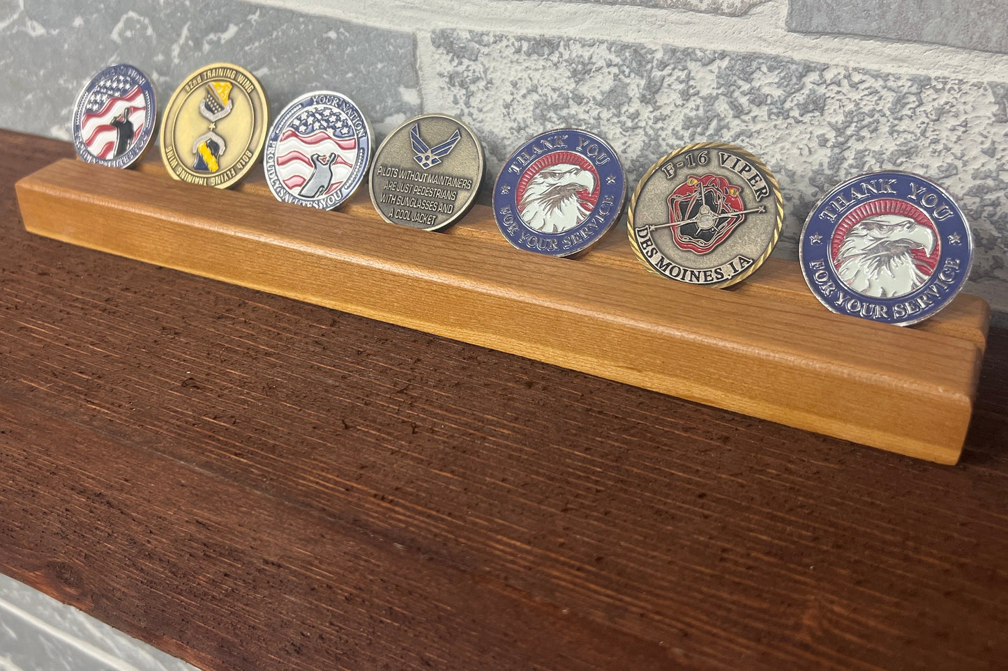 Desktop Challenge Coin Holder, single row, up to 7 challenge coins.