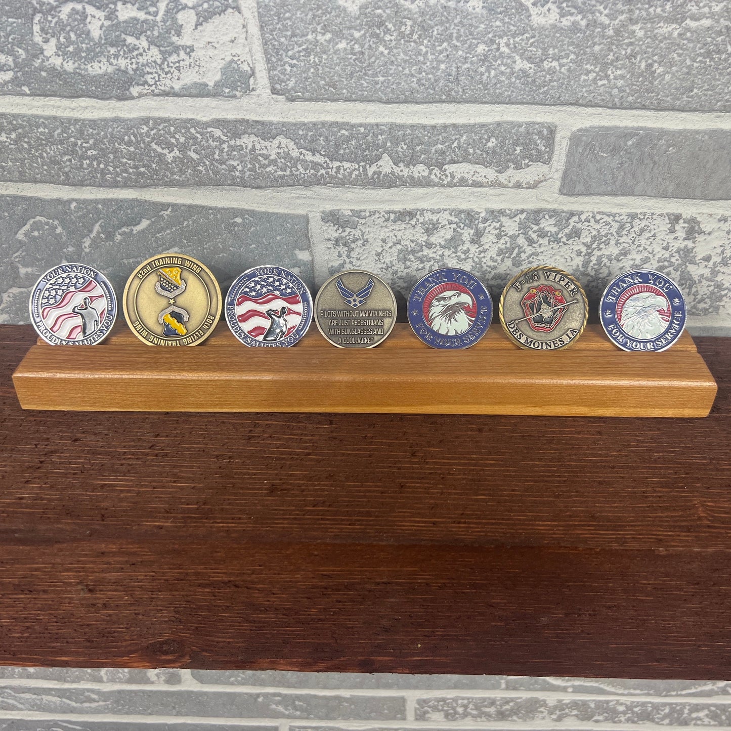 Desktop Challenge Coin Holder, single row, up to 7 challenge coins.