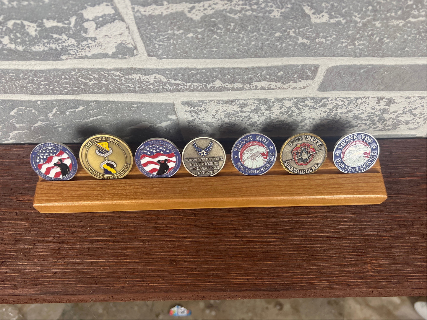 Desktop Challenge Coin Holder, single row, up to 7 challenge coins.
